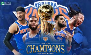 This poster shows the New York Knicks representing the 2026 NBA Championship.