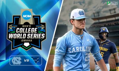 This poster shows NCAA College Baseball teams representing the Men’s World Series.
