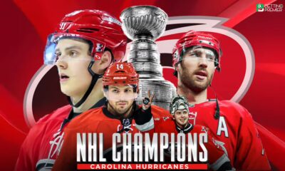 This poster shows the Carolina Hurricanes representing the NHL 2026 Champions.