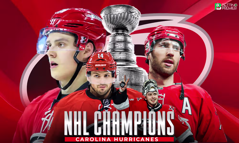 This poster shows the Carolina Hurricanes representing the NHL 2026 Champions.