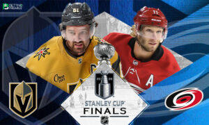 The poster offers a preview of the 2026 NHL final between the Carolina Hurricanes and the Vegas Golden Knights.