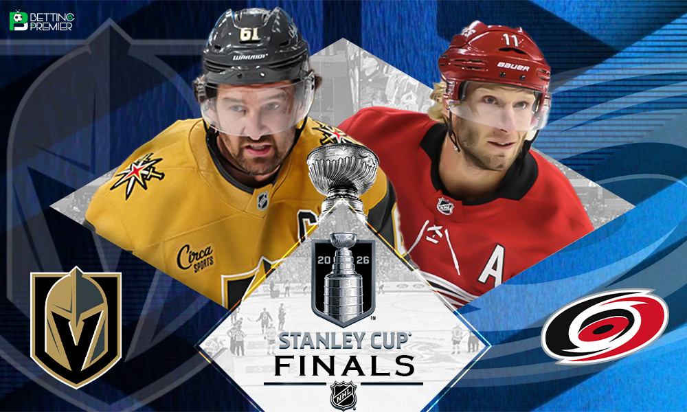 The poster offers a preview of the 2026 NHL final between the Carolina Hurricanes and the Vegas Golden Knights.