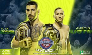 This image denotes that the UFC Freedom 250 features a lightweight bout between Topuria and Gaethje inside the octagon.