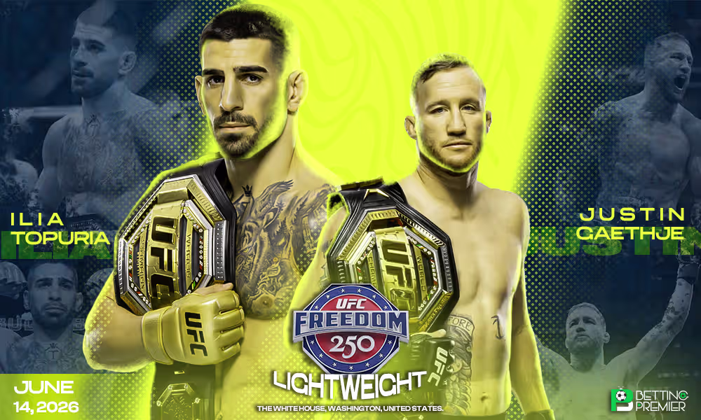 This image denotes that the UFC Freedom 250 features a lightweight bout between Topuria and Gaethje inside the octagon.