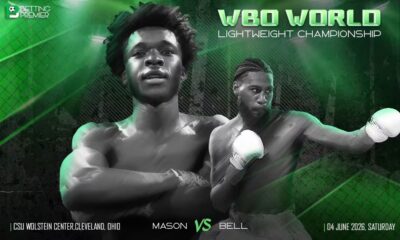 The poster shows the face-off between Mason and Bell for the WBO World Lightweight Championship