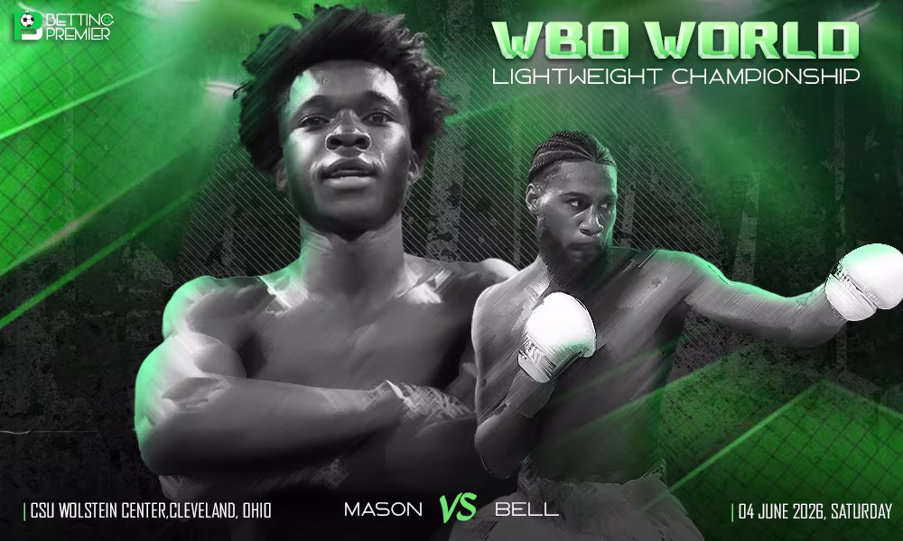 The poster shows the face-off between Mason and Bell for the WBO World Lightweight Championship
