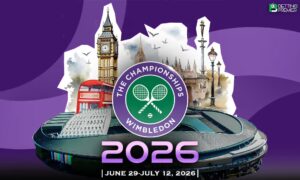 The poster announces that the Grand Slam Wimbledon event will start on June 29, 2026, featuring the top players.