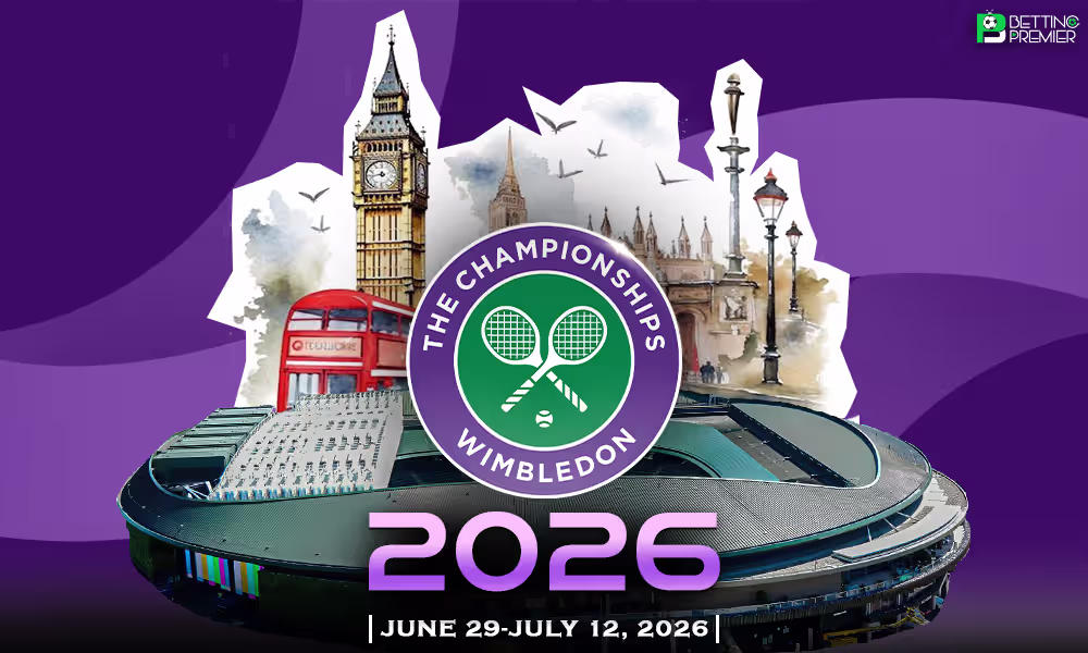 The poster announces that the Grand Slam Wimbledon event will start on June 29, 2026, featuring the top players.