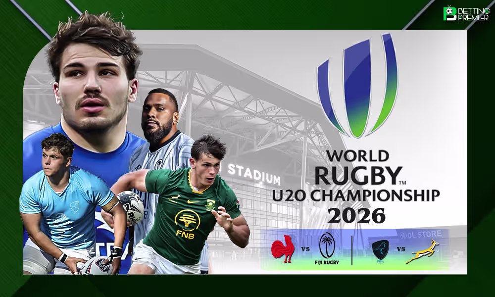 This poster shows teams representing the upcoming World Rugby U-20 Championship.