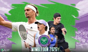 This picture represents Wimbledon 2026, featuring a third-round clash between elite players on the court.