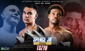 This image denotes a boxing world title fight between Errol Spence Jr and Tim Tszyu for the middleweight showdown.