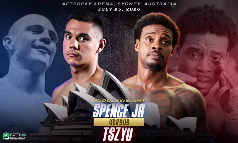 This image denotes a boxing world title fight between Errol Spence Jr and Tim Tszyu for the middleweight showdown.