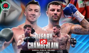 This image denotes the boxing match between Leary and Chamberlain for an IBO World Super Lightweight bout.