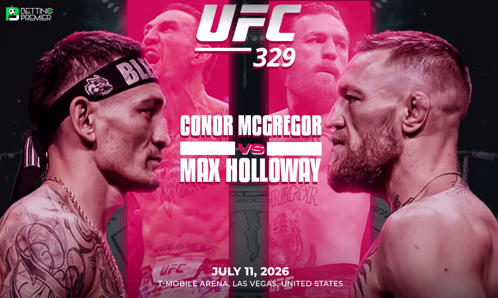 This picture denotes that UFC 329 will feature a match between McGregor and Holloway 2 for the welterweight title.