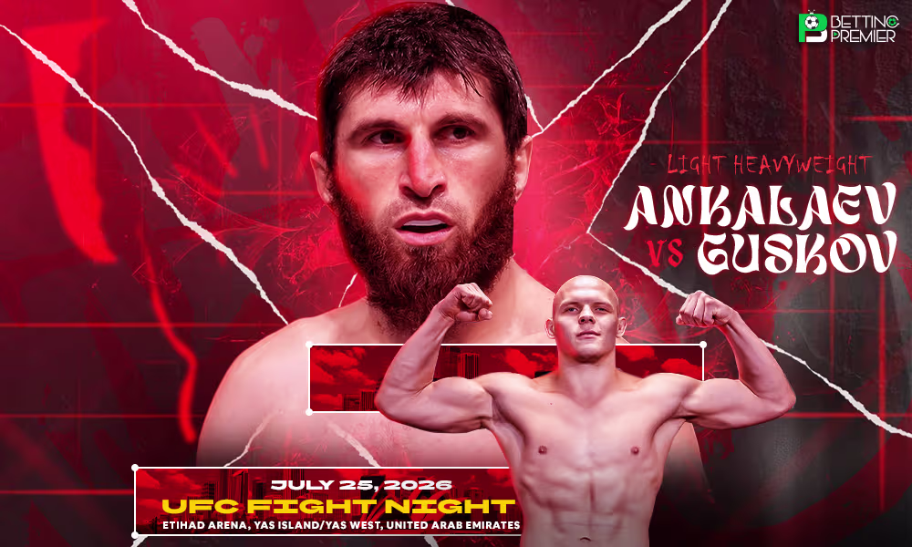 This image represents a UFC Fight Night event featuring a fight between Ankalaev and Guskov for the light heavyweight title.