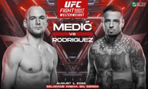 This poster denotes that a UFC Fight Night will feature a fight between Medić and Rodriguez for the welterweight title.