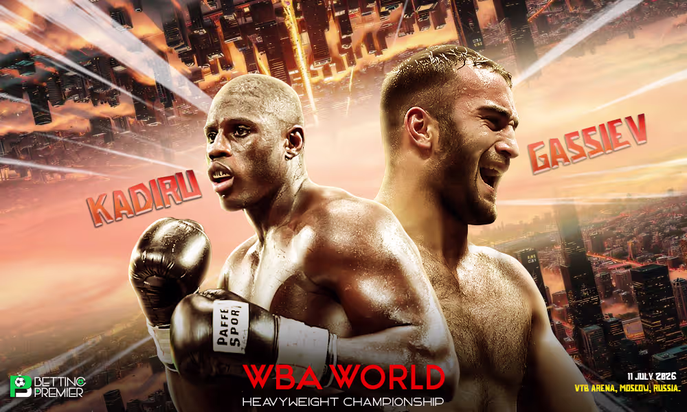 The poster delivers the Heavyweight clash between Gassiev vs Kadiru in Moscow, Russia.
