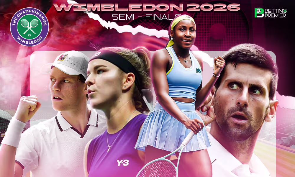 The image depicts a 2026 Wimbledon semi-final featuring battles between emerging talent and leading players.