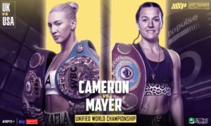 This poster shows the headline, location, and information regarding the fight between Cameron and Mayer.