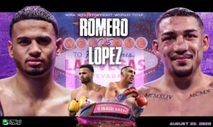 This poster features Rolando Romero and Teófimo López for their upcoming boxing matchup.