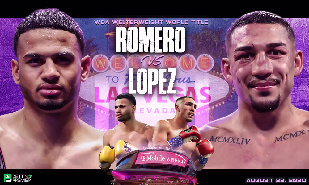 This poster features Rolando Romero and Teófimo López for their upcoming boxing matchup.