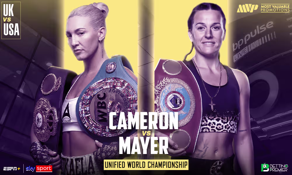 This poster shows the headline, location, and information regarding the fight between Cameron and Mayer.