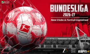 The poster features the new season of the Bundesliga 2026-27 with key venues & streams.