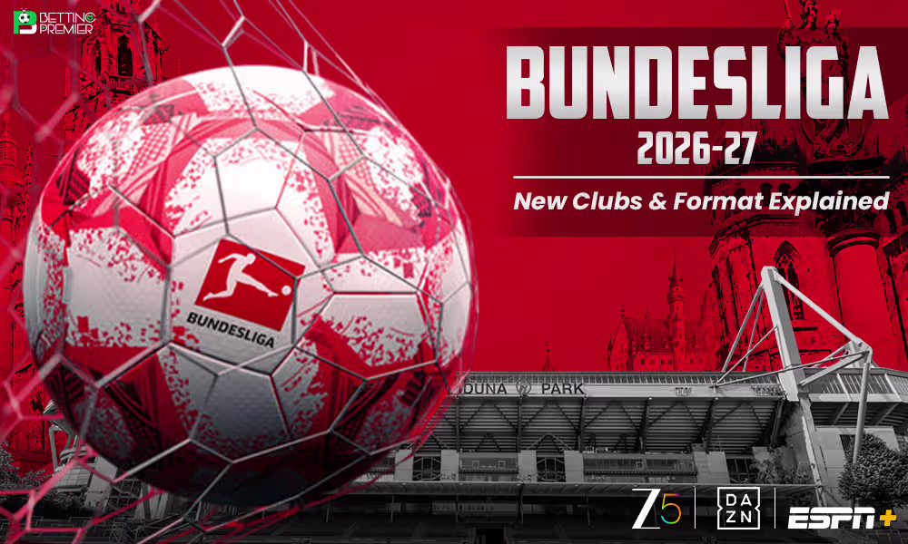 The poster features the new season of the Bundesliga 2026-27 with key venues & streams.