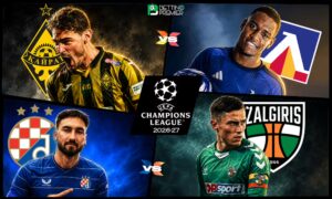 This poster represents the UEFA Champions League 2026-27, featuring a third qualifying round with top leading clubs.