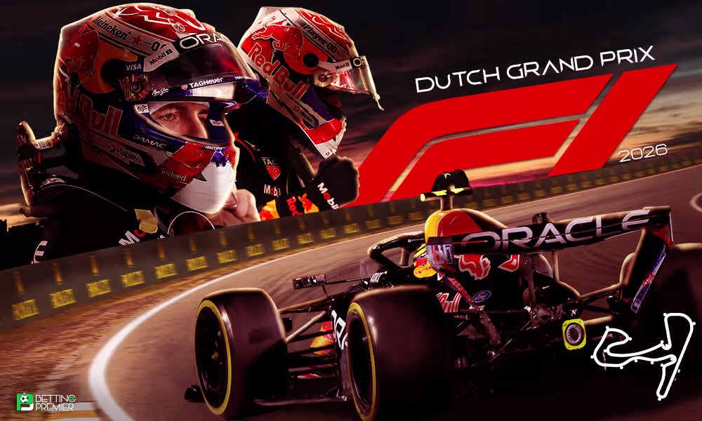 This poster shows the F1 Dutch Grand Prix 2026 featuring top elite drivers competing on the track.