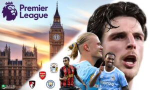 The image depicts the Premier League 2026-27 season featuring top-tier club clashes on the turf.