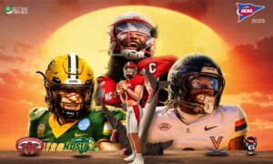 This image represents the new NCAA Division I FBS football season, featuring several team clashes on the field.