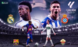This poster shows La Liga 2026-27 teams to represent the upcoming matchups.
