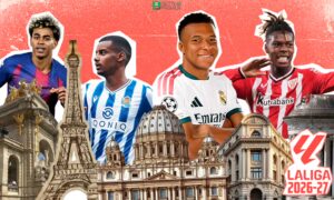 This poster shows La Liga 2026-27 teams to represent the upcoming matchups.