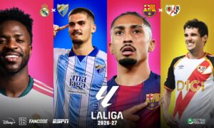 La Liga 2026-27 Matchday 3 poster featuring Barcelona and Real Madrid clashing with their underdog opponents.