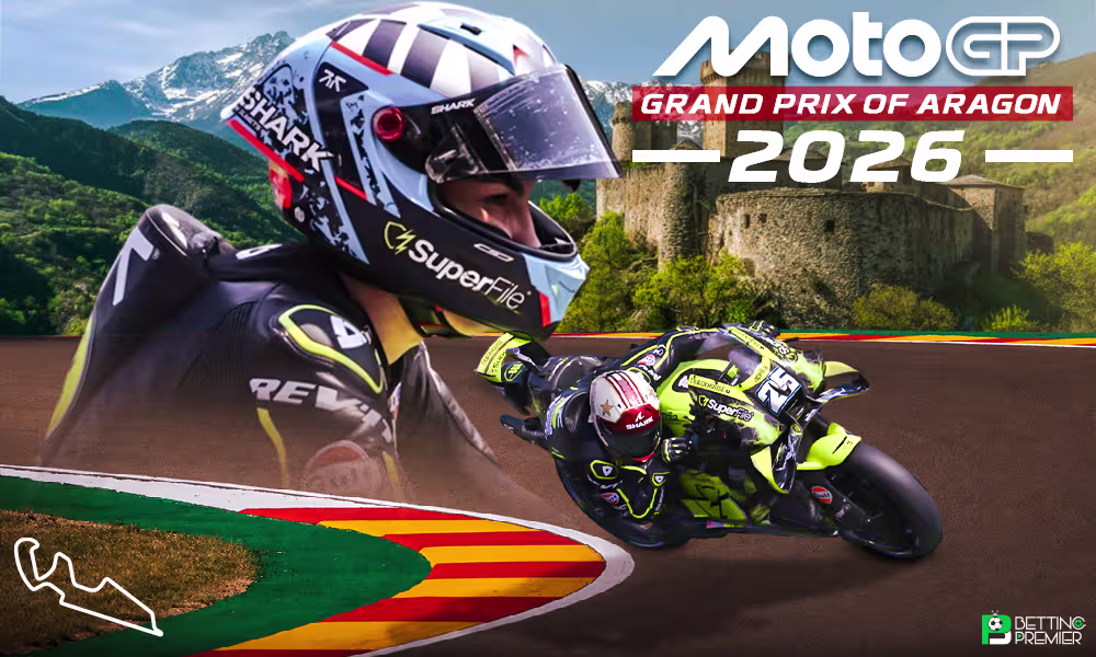 The poster shows the Aragon Grand Prix 2026 featuring several riders clashing on the track.