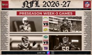 The poster shows the selected teams clashing in NFL 2026-27 preseason Week 3 games.