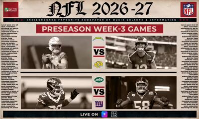 The poster shows the selected teams clashing in NFL 2026-27 preseason Week 3 games.