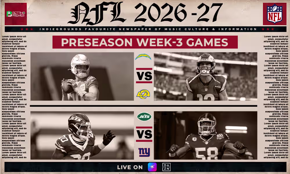 The poster shows the selected teams clashing in NFL 2026-27 preseason Week 3 games.