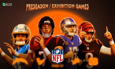 The poster shows the selected teams clashing in an NFL 2026-27 exhibition game.