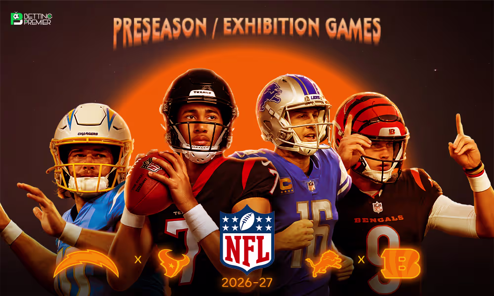 The poster shows the selected teams clashing in an NFL 2026-27 exhibition game.