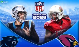 This poster denotes the NFL 2026-27 season will begin with preseason clashes between the teams in stadium performances.
