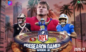 The poster shows the selected teams clashing in NFL 2026-27 preseason Week 2 games.