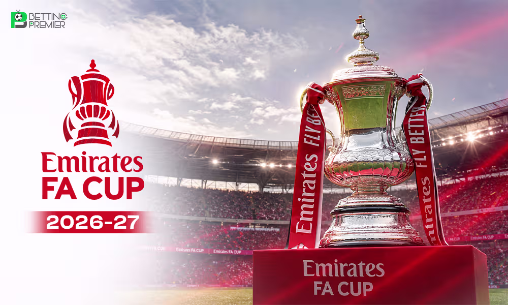 The poster highlights the FA Cup 2026-27 season with its title and its final at Wembley Stadium.