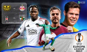 The poster features the key clash between the table-toppers and the underdogs in the UEFA Europa League 2026-27.