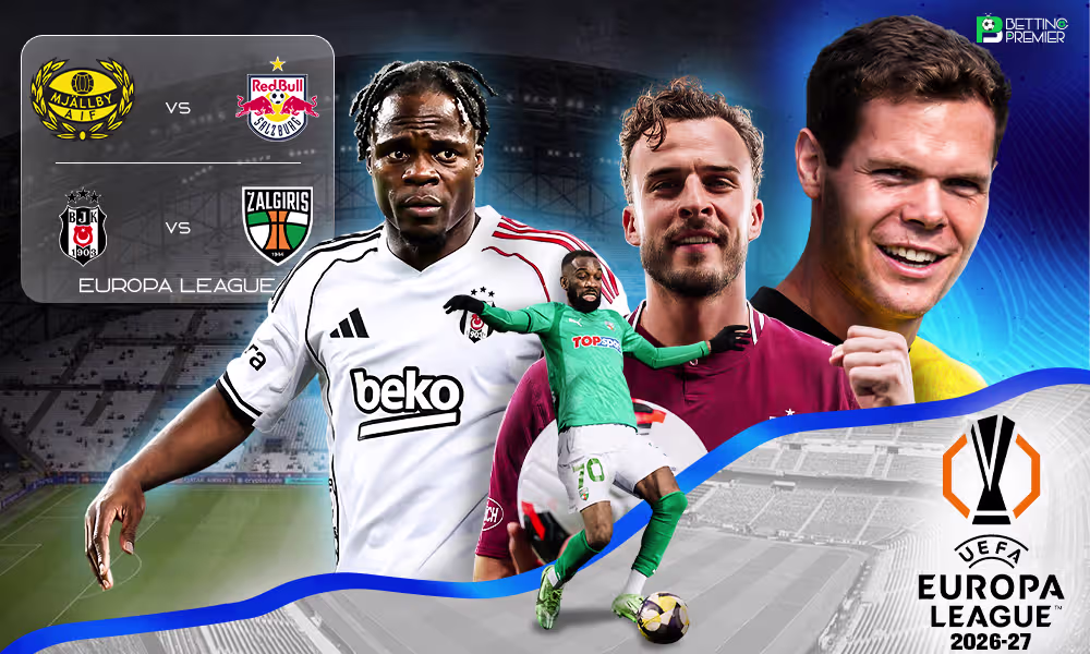 The poster features the key clash between the table-toppers and the underdogs in the UEFA Europa League 2026-27.