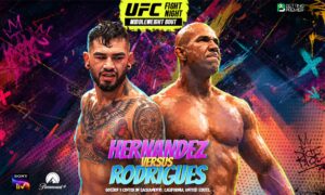 The poster features the immense face-off of Hernandez and Rodrigues in the middleweight division at Golden 1 Center, California.