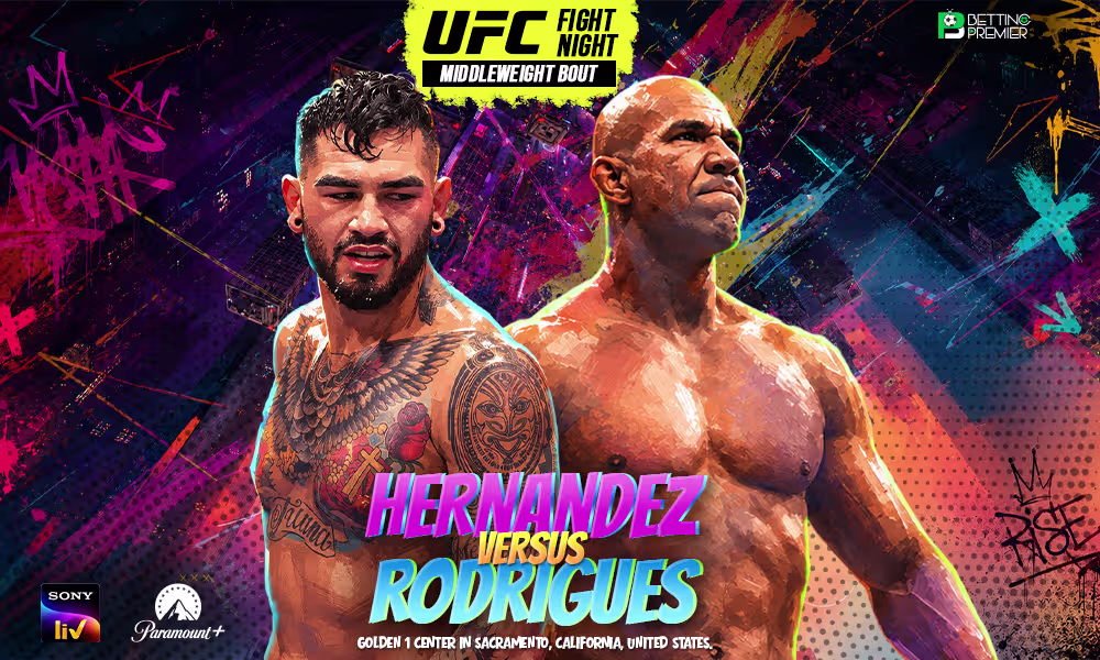 The poster features the immense face-off of Hernandez and Rodrigues in the middleweight division at Golden 1 Center, California.