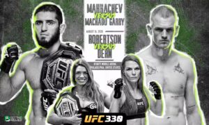 This poster denotes that UFC 330 will feature a fight between Makhachev and Machado Garry for the welterweight title.