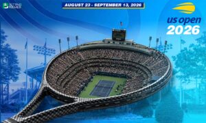 This poster marks the new era of the US Open, featuring exciting action on the court.